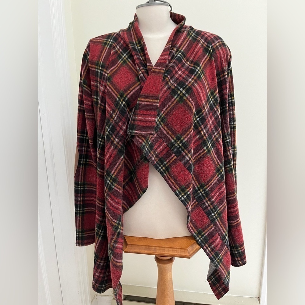 Mon Ami red plaid cardigan sweater/ open front size medium